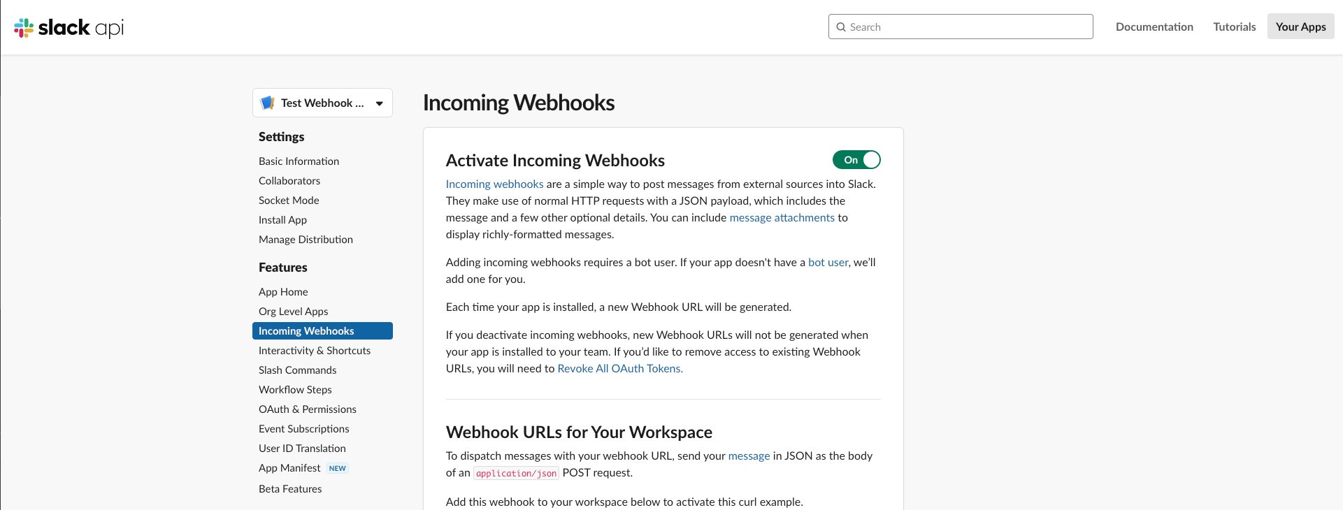 Slack API showing the Add New Webhook to Workspace option