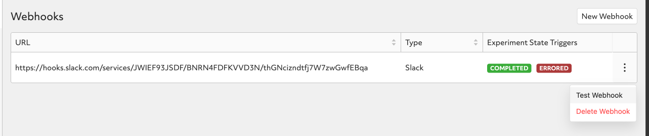 Webhooks page displaying where to find the Test Webhook action.