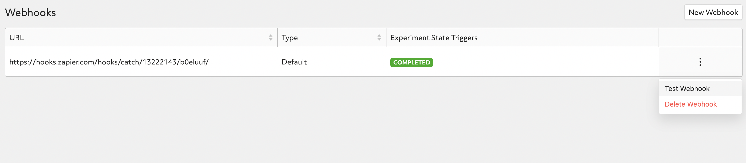 Webhooks page displaying where to find the Test Webhook action.
