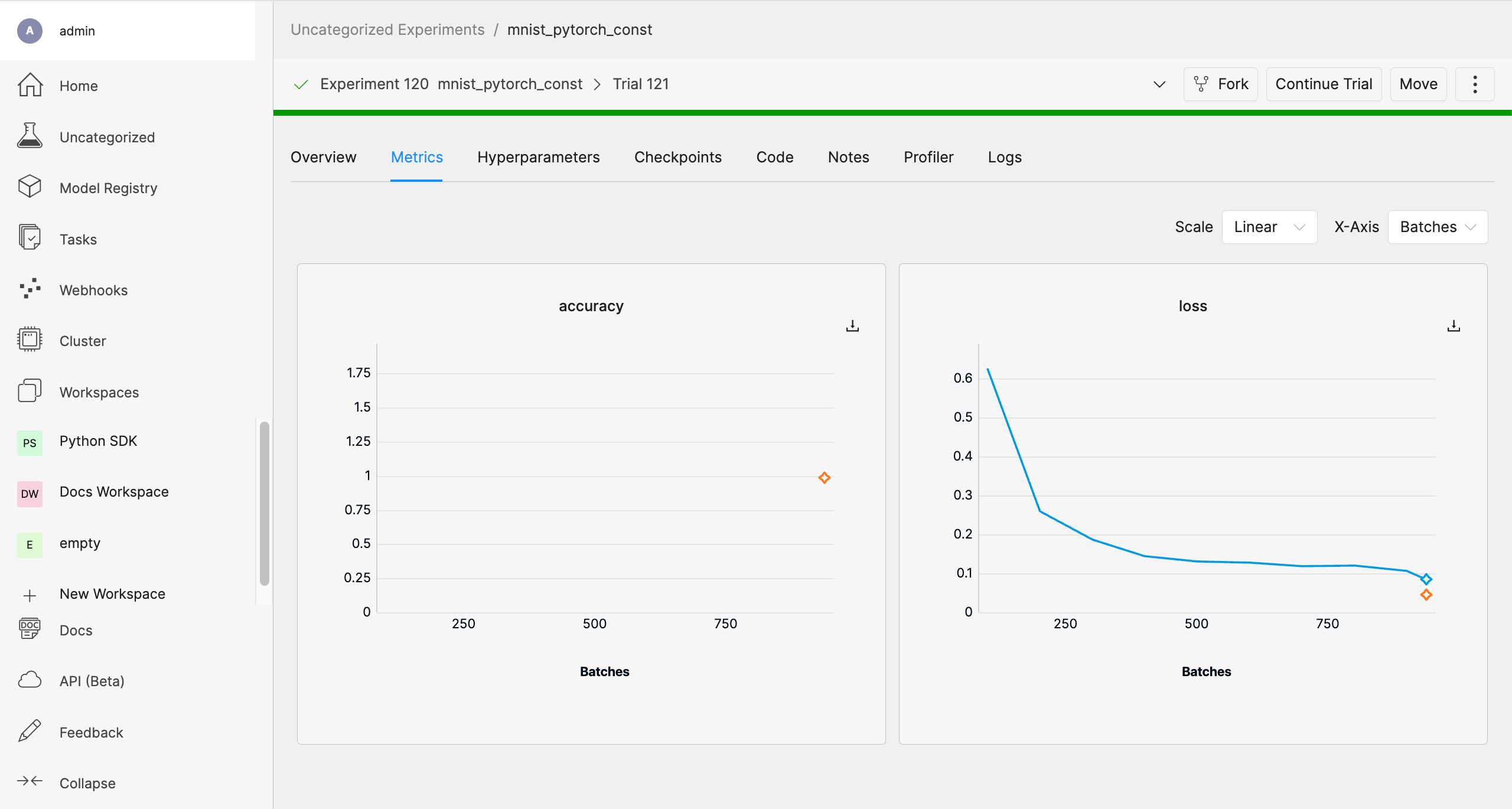 Determined AI WebUI Dashboard showing details for a local experiment