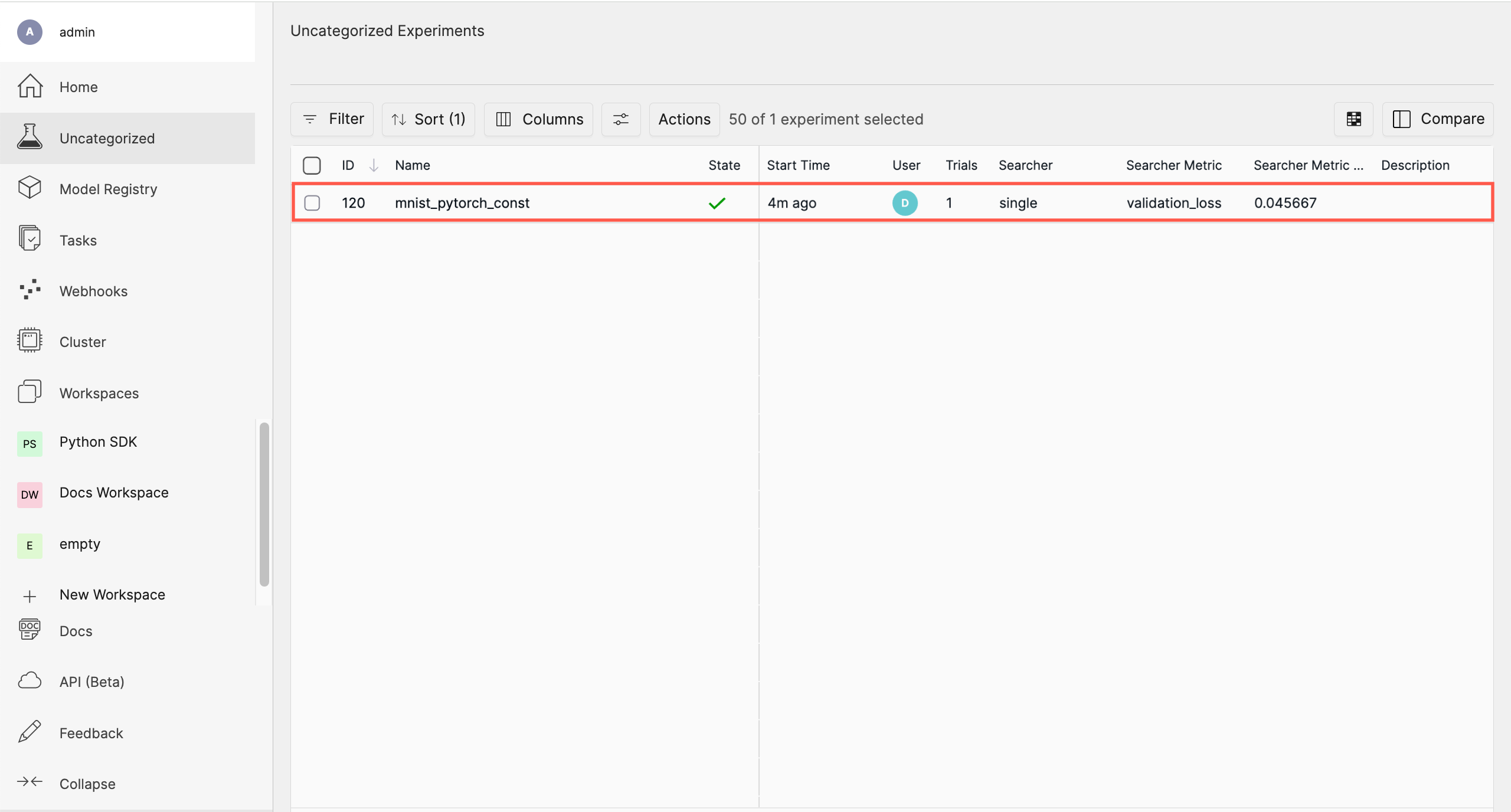 Determined AI WebUI Dashboard showing a user's recent experiment submissions