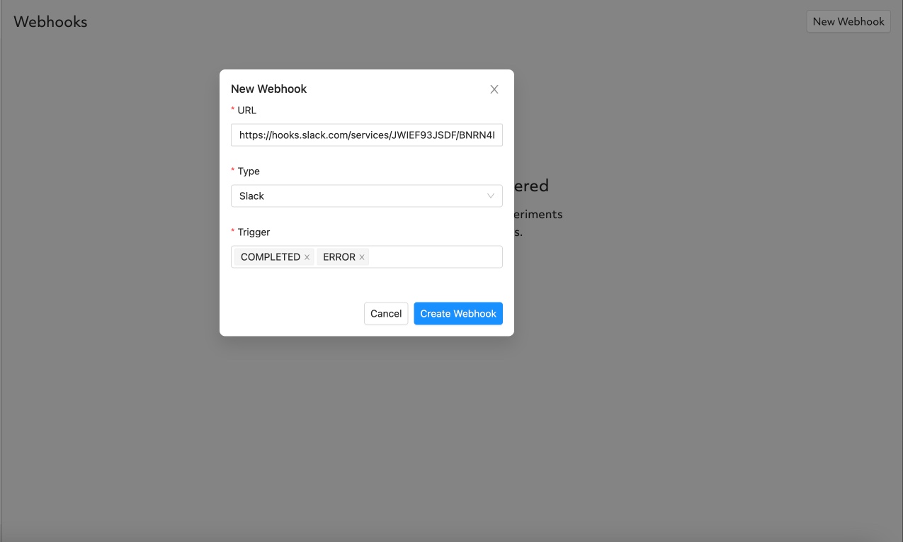 Webhooks page displaying New Webhook fields you will interact with.