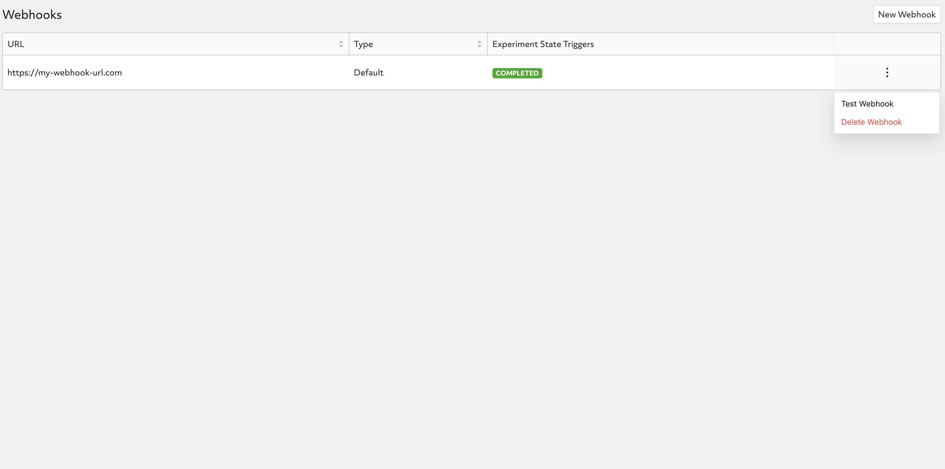 Webhooks interface showing where to find the actions menu