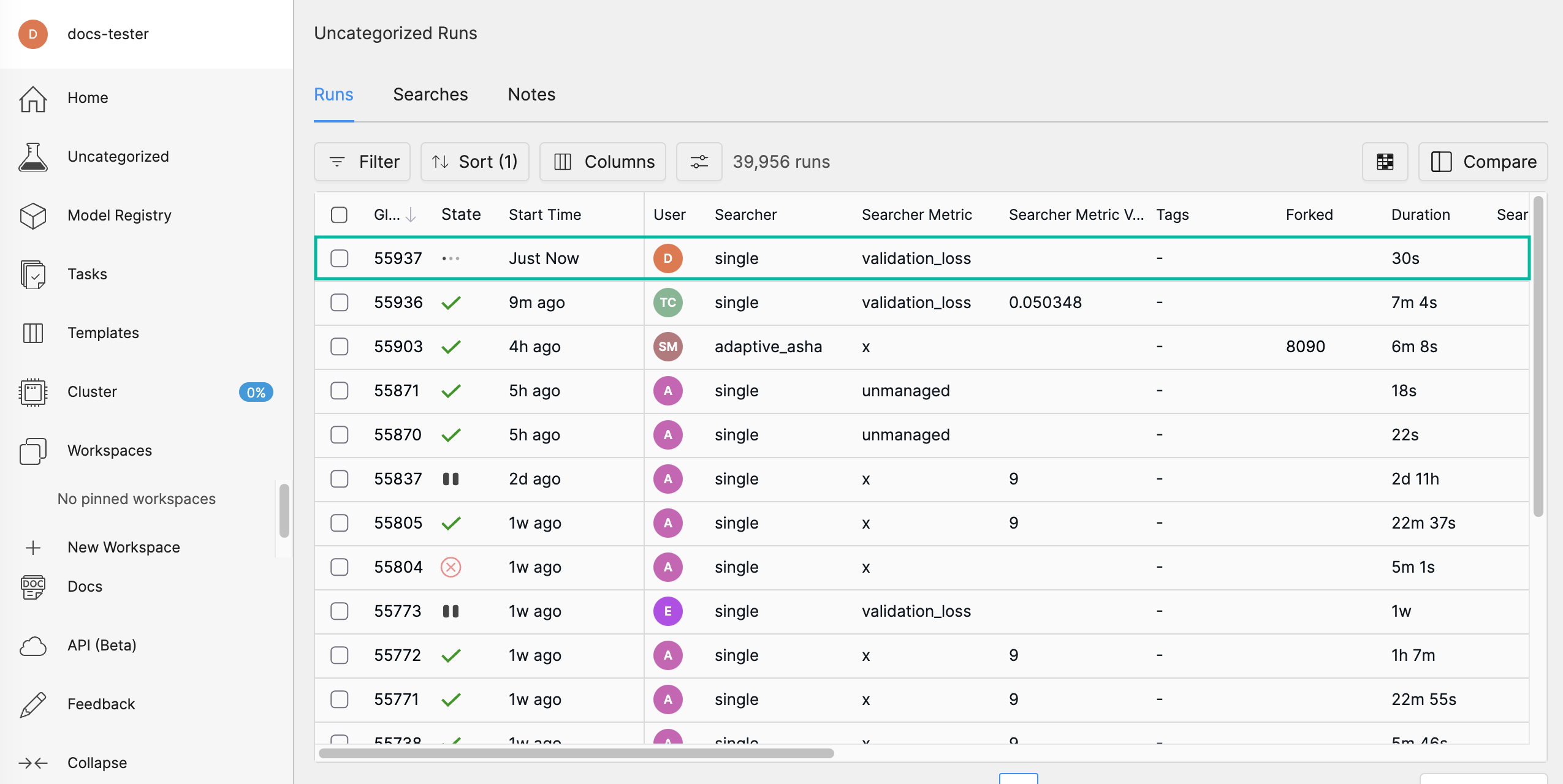 Determined AI WebUI Dashboard showing a user's recent experiment submissions