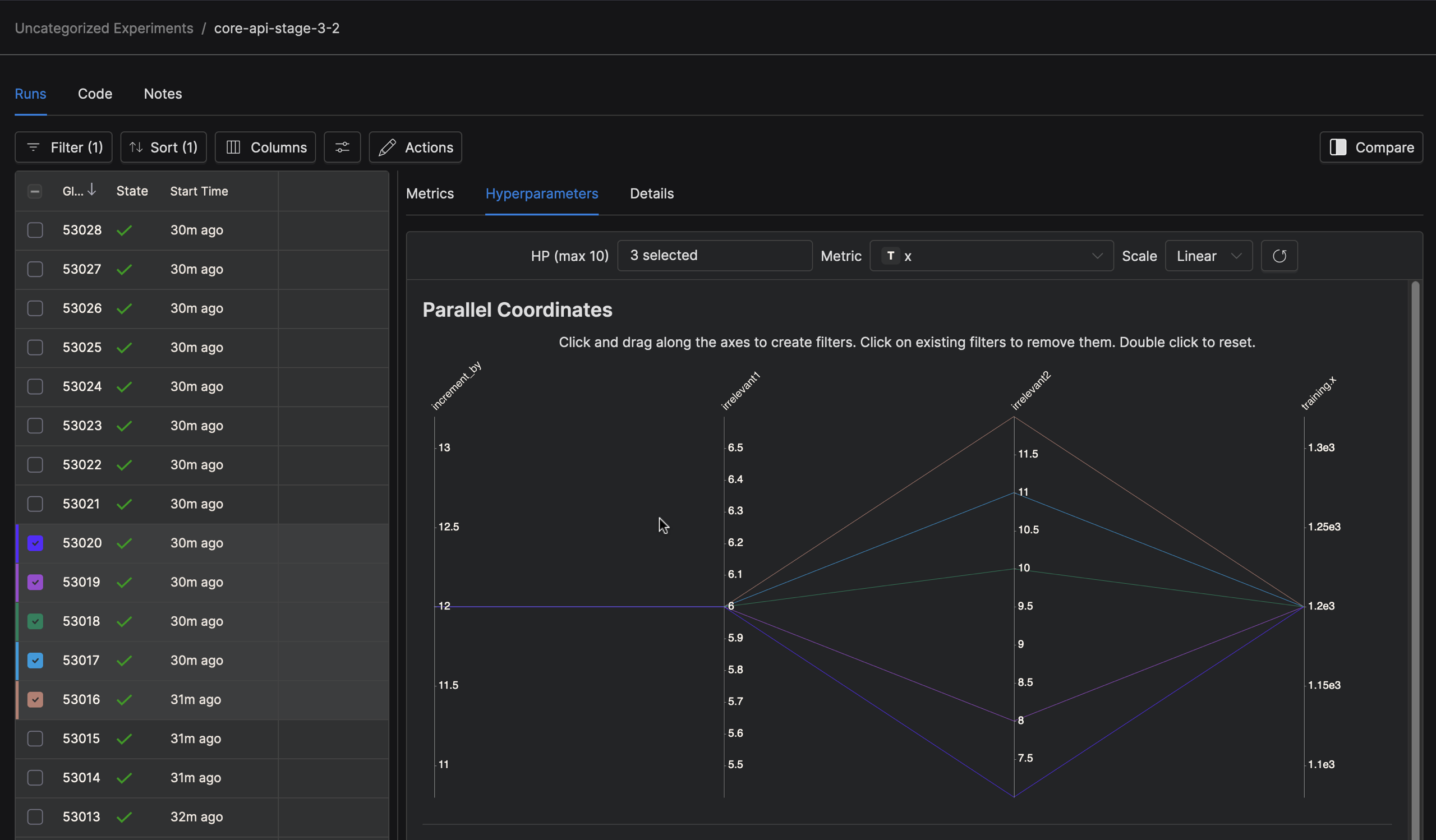 WebUI showing selected runs with hyperparameters compared