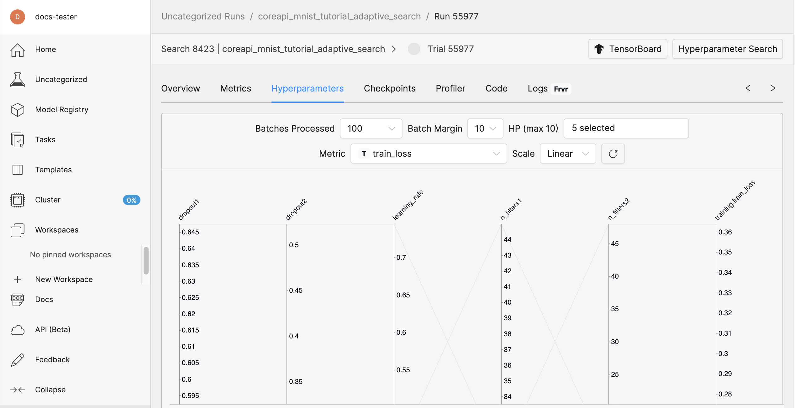 Determined AI WebUI Dashboard showing experiment hyperparameters