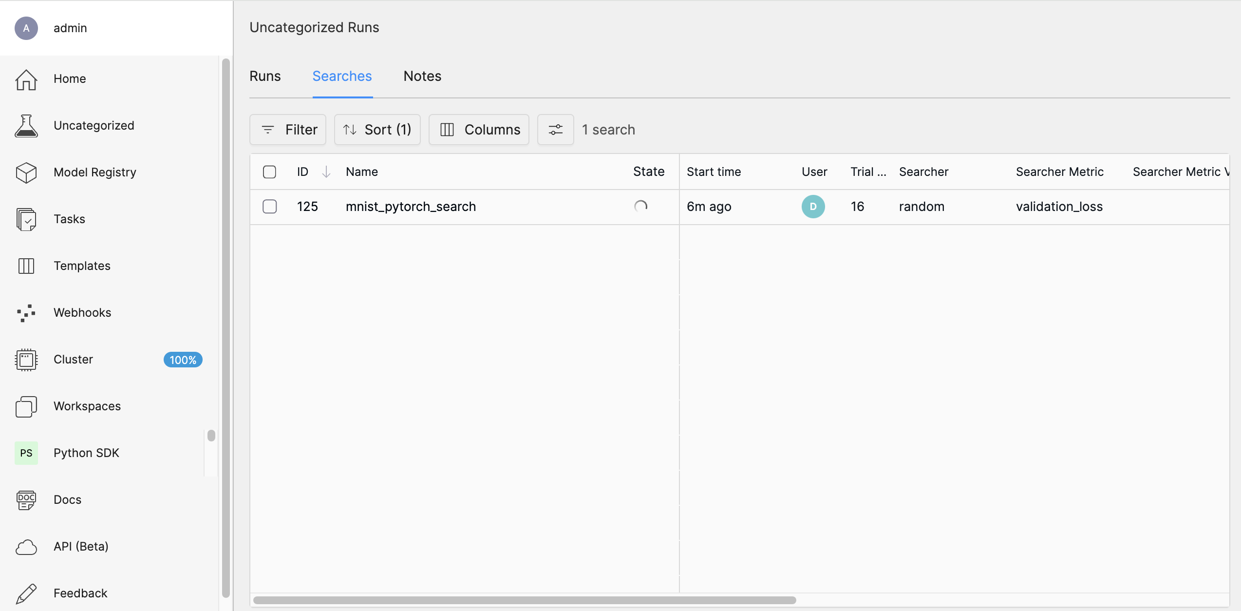 Determined AI WebUI Dashboard showing a user's recent multi-trial search