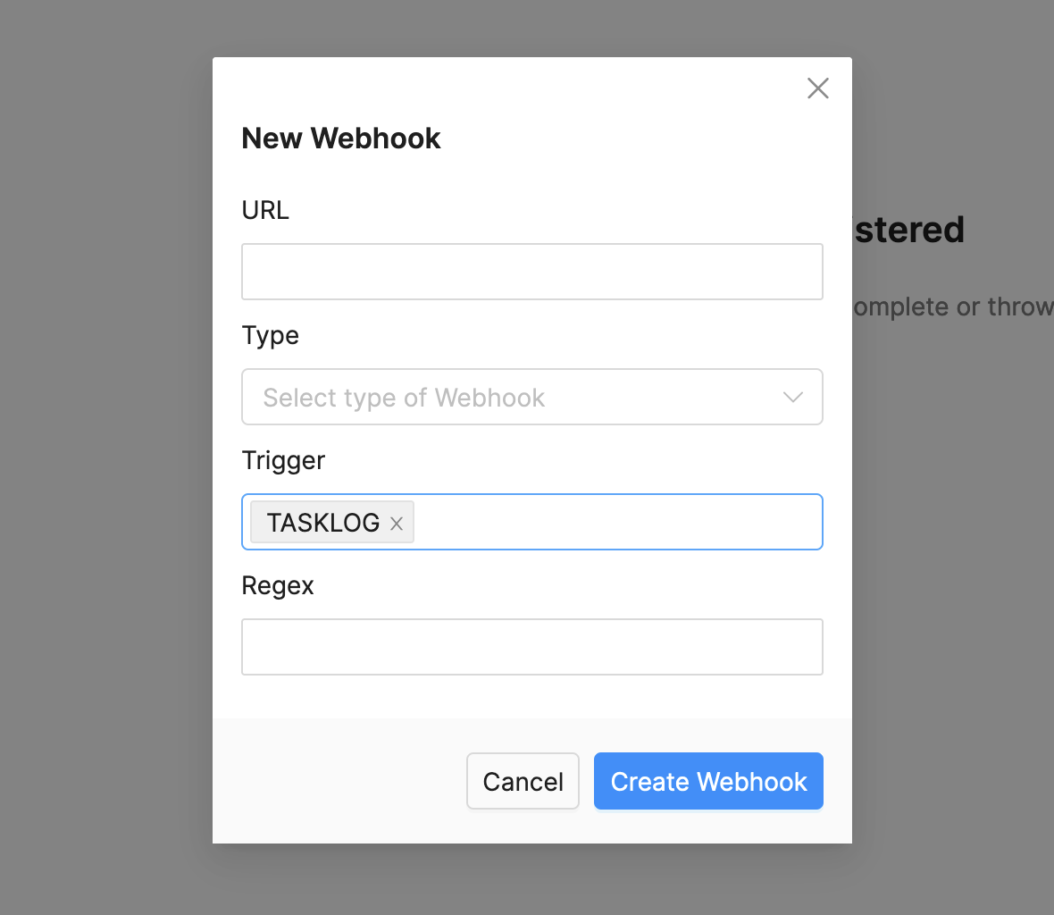 Webhook user interface showing the fields you will interact with.