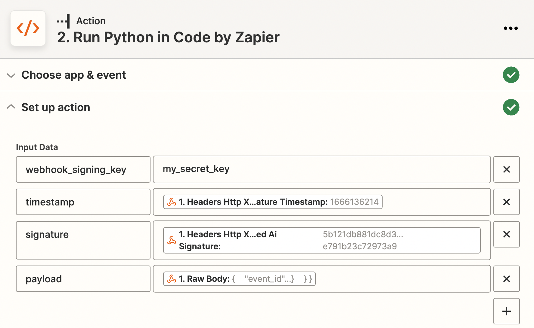 Code by Zapier showing set up action input data like webhook_signing_key