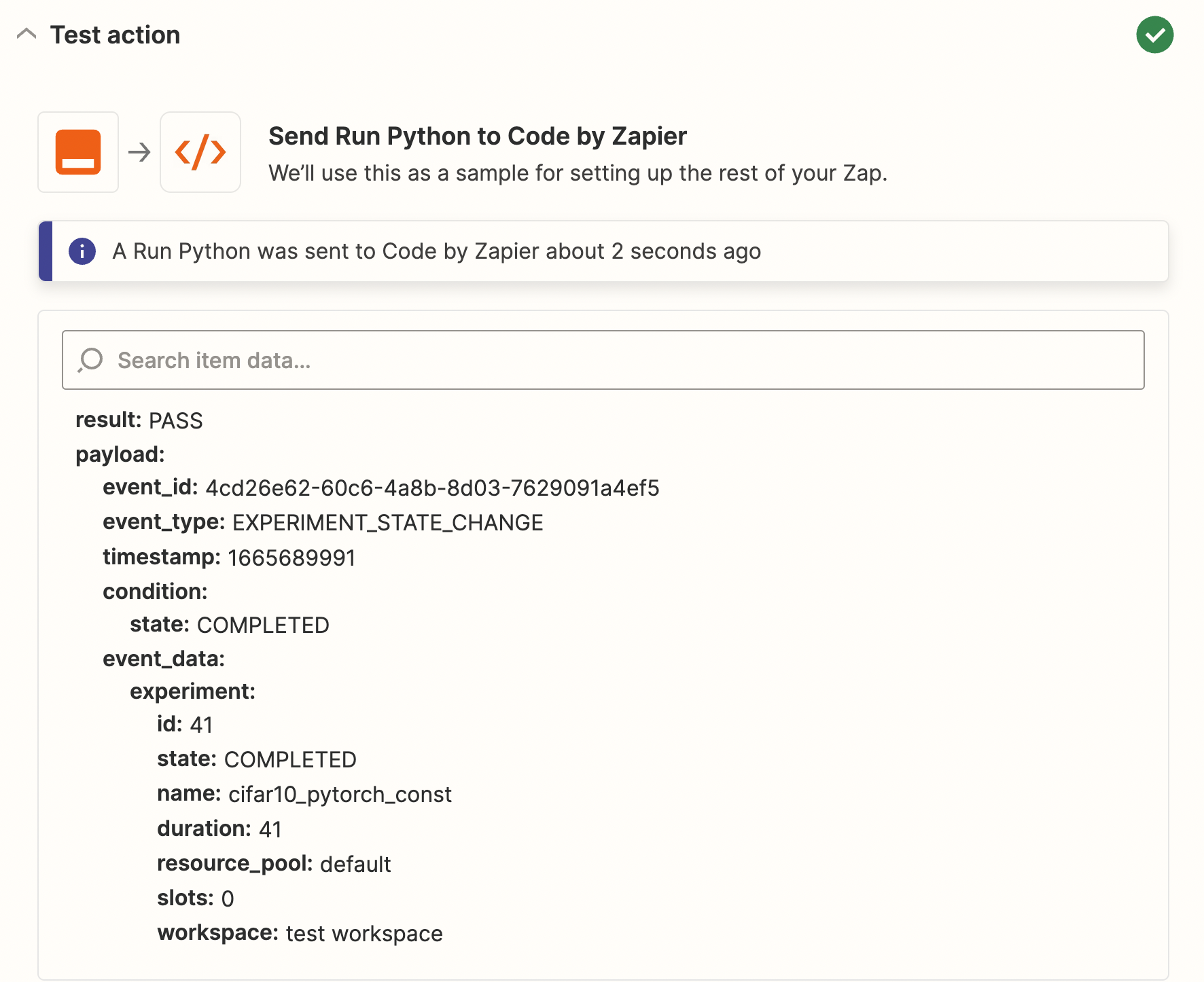 Code by Zapier showing that a Run Python event was sent